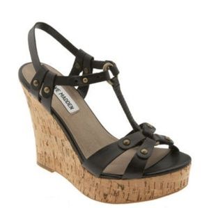 [Steve Madden] "Quesst" Black Leather Cork Wedges